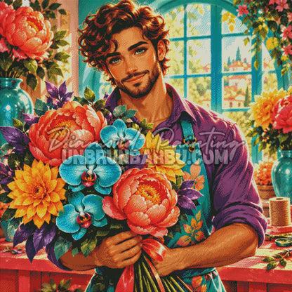 Rendu diamante du Diamond Painting L Atelier du Fleuriste 110x110 cm avec bouquet turquoise et corail