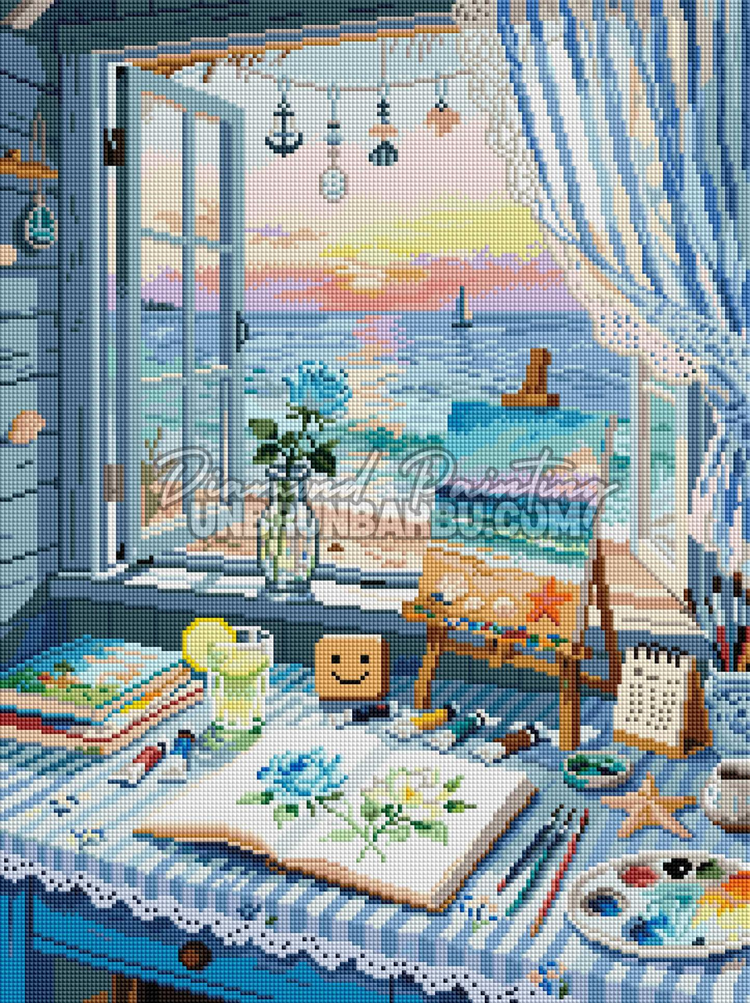 Rendu diamante du Diamond Painting L Atelier Face a l Ocean 45x60 cm avec atelier bleu et vue sur la mer