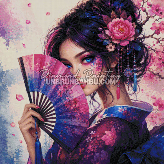 Layout Diamond Painting L'Élégance de Kyoto 100x100 cm avec aperçu diamanté du portrait féminin, de l’éventail et des fleurs roses