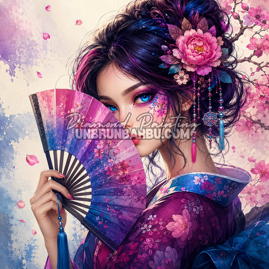Diamond Painting L'Élégance de Kyoto 100x100 cm avec geisha moderne, éventail fleuri, regard bleu et fleurs de cerisier