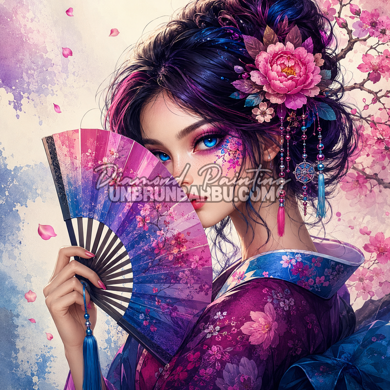 Diamond Painting L'Élégance de Kyoto 100x100 cm avec geisha moderne, éventail fleuri, regard bleu et fleurs de cerisier