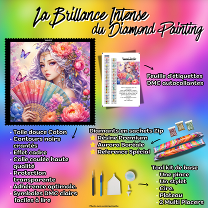 Kit premium Diamond Painting L'Éventail des Pivoines avec toile coton, diamants en sachets zip, étiquettes DMC et accessoires