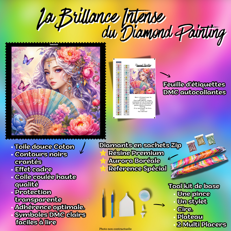 Kit premium Diamond Painting L'Éventail des Pivoines avec toile coton, diamants en sachets zip, étiquettes DMC et accessoires
