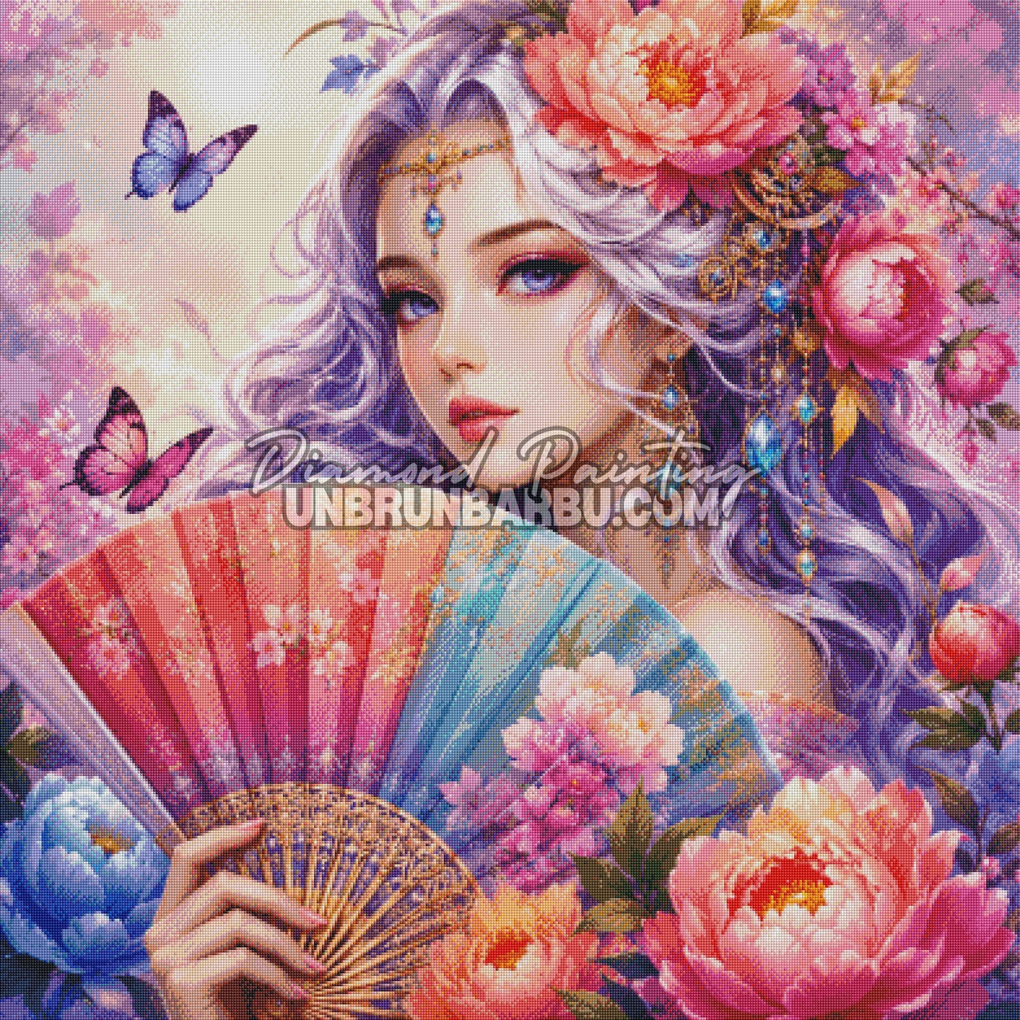 Layout Diamond Painting L'Éventail des Pivoines 100x100 cm avec aperçu diamanté de la geisha, des pivoines et de l’éventail fleuri