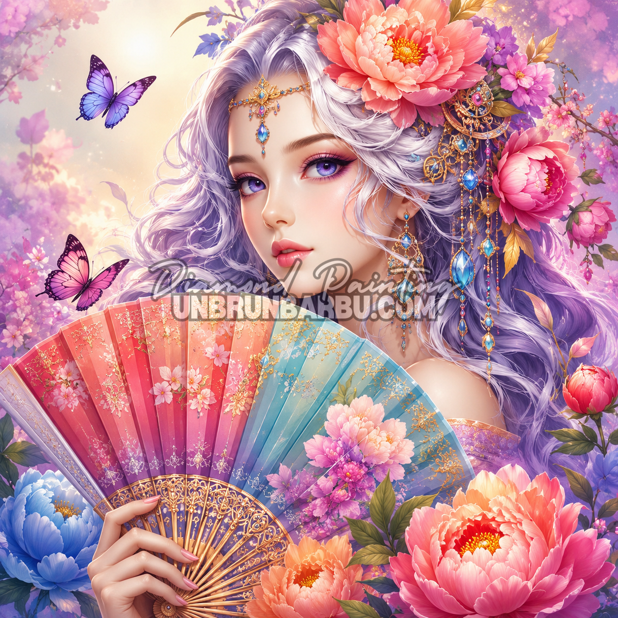 Diamond Painting L'Éventail des Pivoines 100x100 cm avec geisha moderne, éventail pastel, pivoines roses et papillons