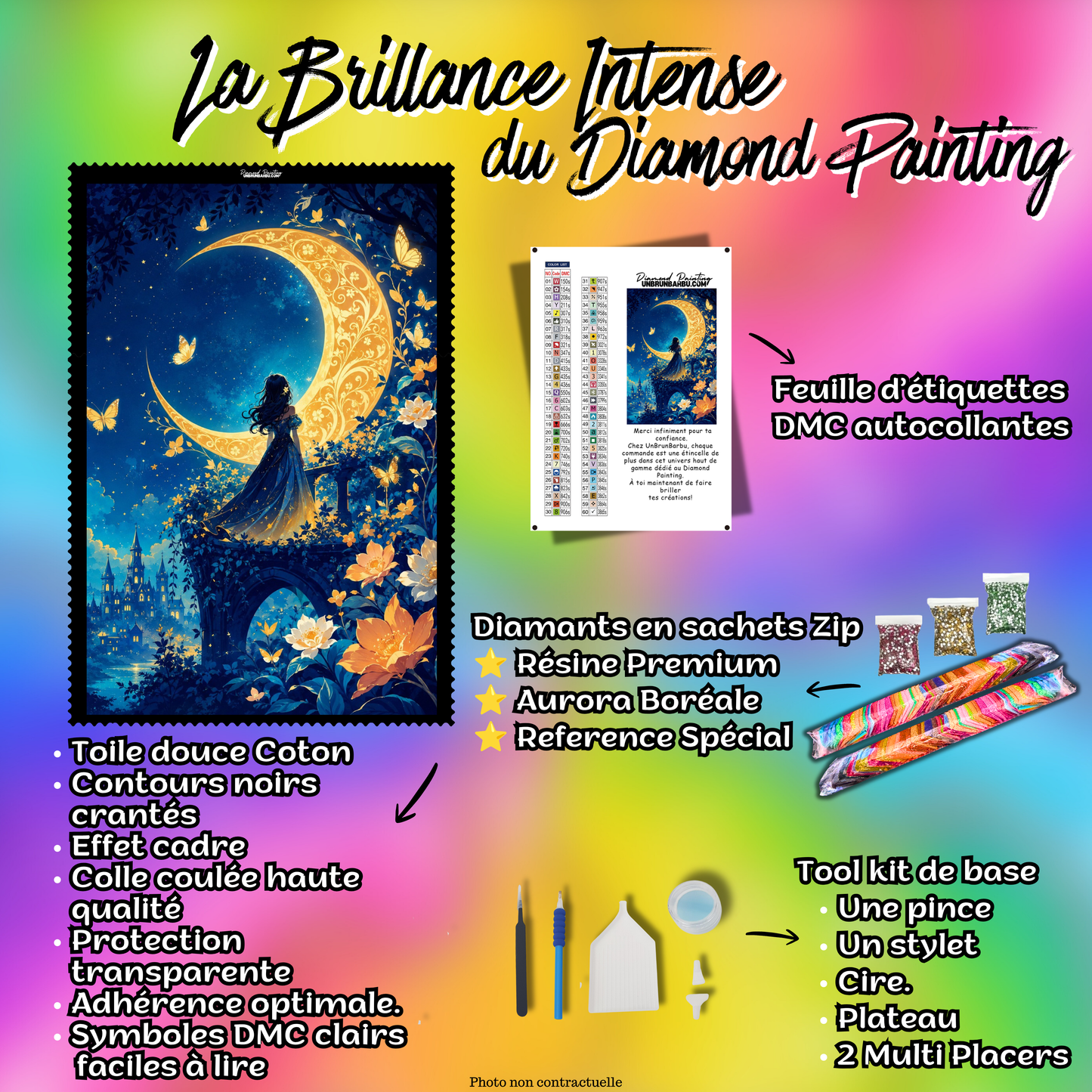 Kit premium Diamond Painting L’Horizon des Étoiles avec toile coton, diamants en sachets zip, étiquettes DMC et accessoires