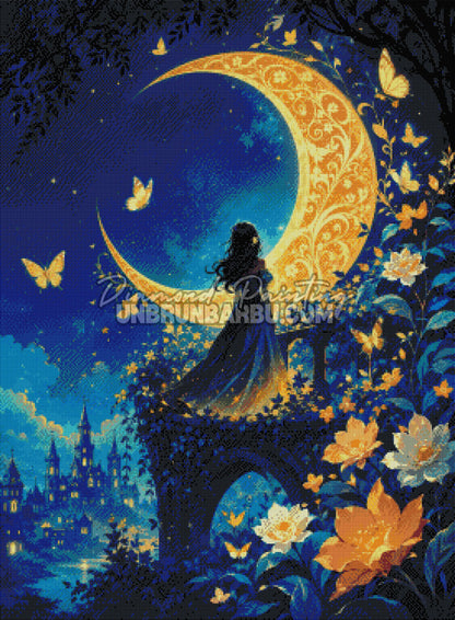 Layout Diamond Painting L’Horizon des Étoiles 70x95 cm avec aperçu diamanté de la lune dorée, du ciel étoilé et des fleurs