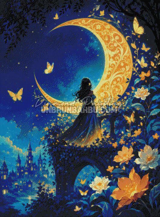 Layout Diamond Painting L’Horizon des Étoiles 70x95 cm avec aperçu diamanté de la lune dorée, du ciel étoilé et des fleurs