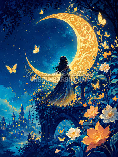Diamond Painting L’Horizon des Étoiles 70x95 cm avec lune dorée, femme rêveuse, papillons, fleurs et ciel étoilé
