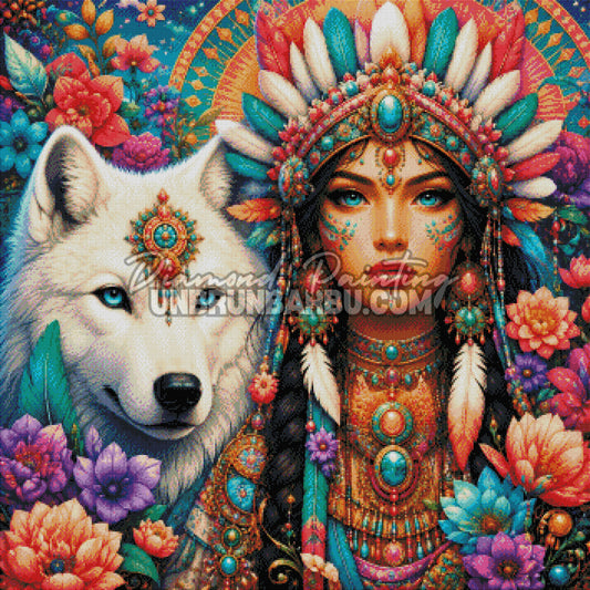 Layout Diamond Painting L’Indienne au Loup Blanc 90x90 cm avec aperçu diamanté de l’indienne, du loup blanc et des fleurs colorées