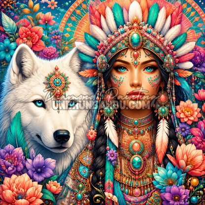 Diamond Painting L’Indienne au Loup Blanc 90x90 cm avec portrait d’indienne, loup blanc, plumes colorées, bijoux turquoise et fleurs