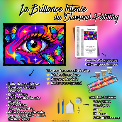 Kit premium Diamond Painting L’Univers dans un Regard avec toile coton, diamants en sachets zip, étiquettes DMC et accessoires