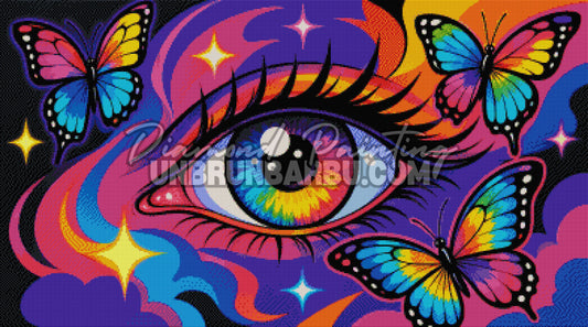 Layout Diamond Painting L’Univers dans un Regard 100x55 cm avec aperçu diamanté, œil multicolore et papillons