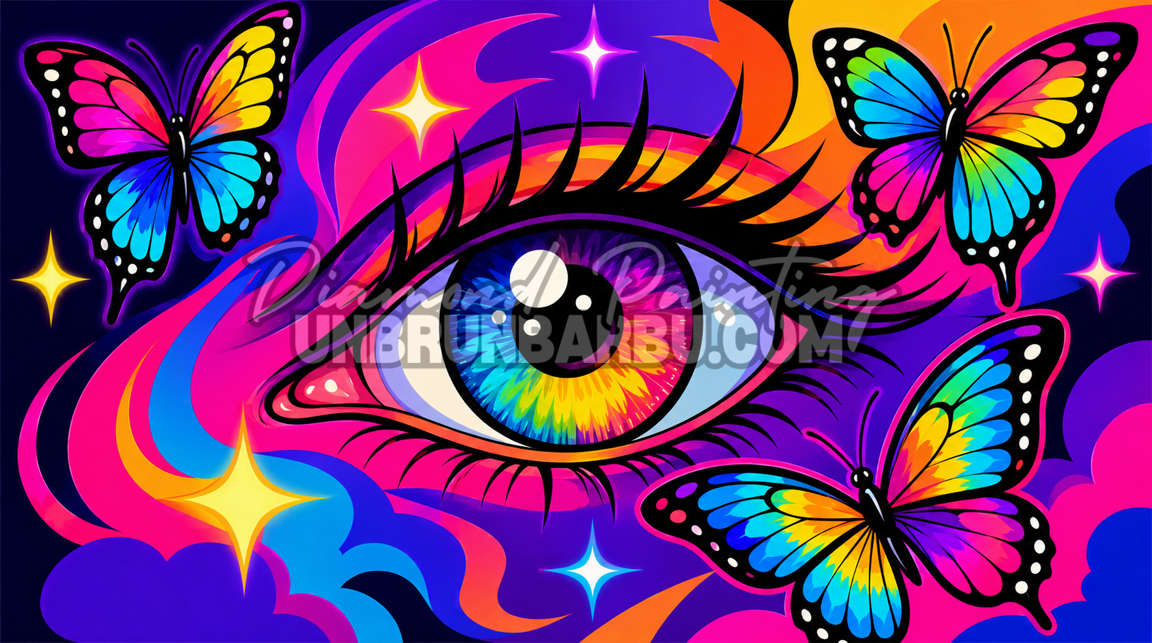 Diamond Painting L’Univers dans un Regard 100x55 cm avec œil arc-en-ciel, papillons colorés et fond pop art lumineux