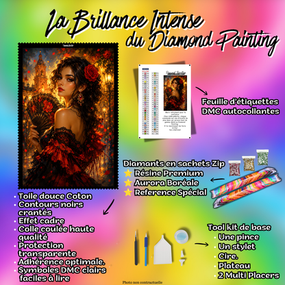 Kit Diamond Painting Premium La Belle Andalouse avec toile coton, diamants en sachets zip, accessoires et feuille DMC