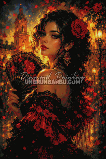 Layout Diamond Painting La Belle Andalouse mettant en valeur les détails de la robe flamenco, du visage et de l'ambiance andalouse