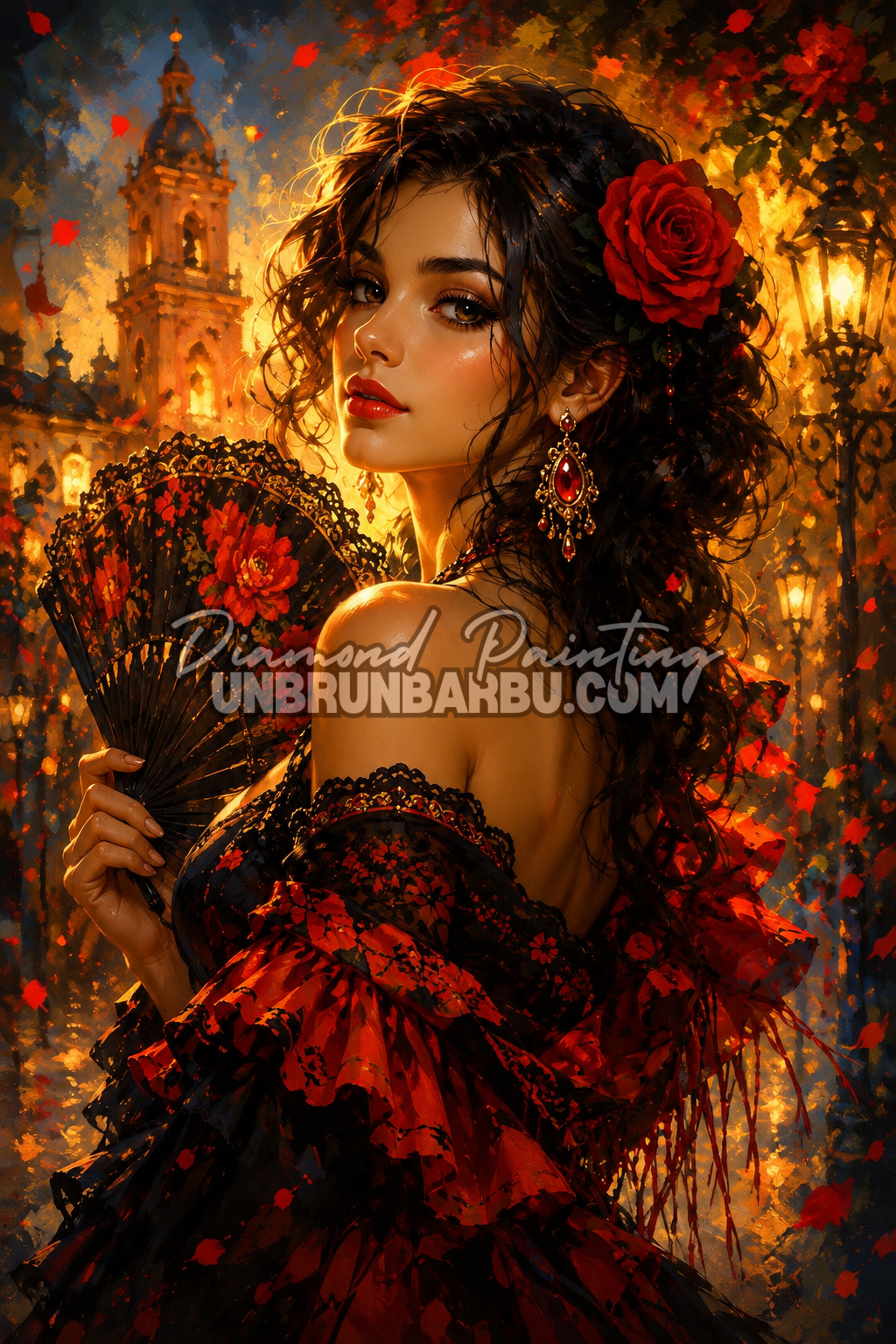 Diamond Painting La Belle Andalouse 80x120 cm représentant une élégante danseuse espagnole avec éventail, rose rouge et robe flamenco