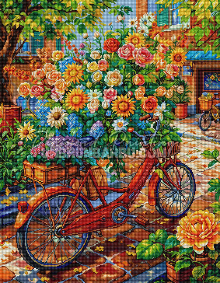 Rendu diamanté de La Bicyclette Fleurie 70x90 cm avec vélo vintage, fleurs et cour pavée