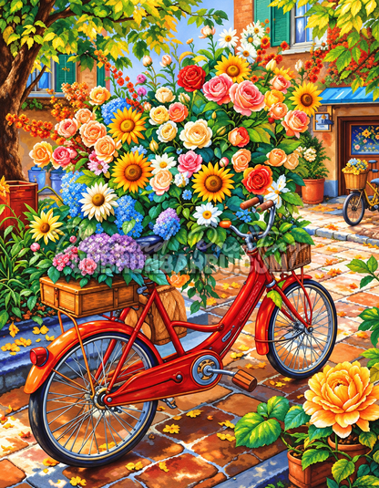 Diamond Painting La Bicyclette Fleurie 70x90 cm avec vélo rouge, roses, tournesols et village coloré