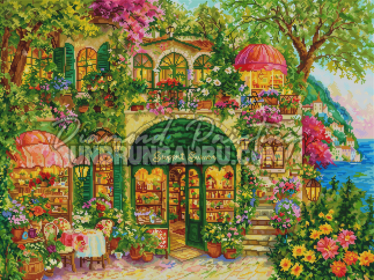 Rendu diamante de La Boutique Mediterraneenne du Fleuriste 80x60 cm avec devanture verte et jardin fleuri