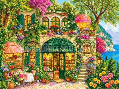 Diamond Painting La Boutique Mediterraneenne du Fleuriste 80x60 cm avec fleurs, terrasse et vue sur la mer