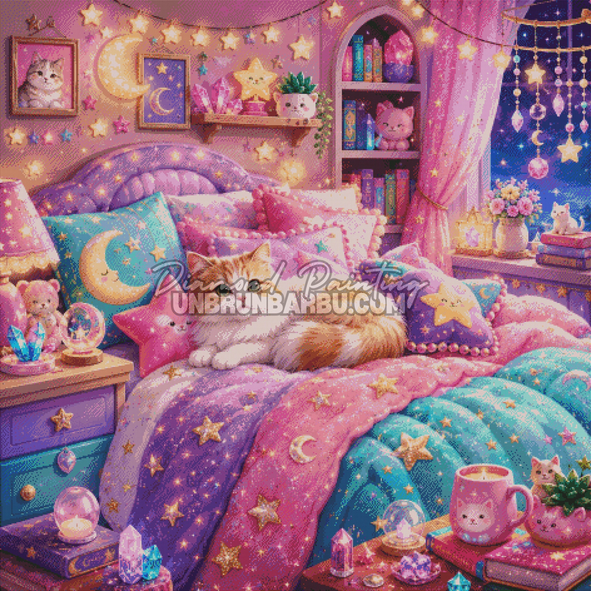 Rendu diamante du Diamond Painting La Chambre Magique du Chat 120x120 cm avec lit colore et ciel nocturne
