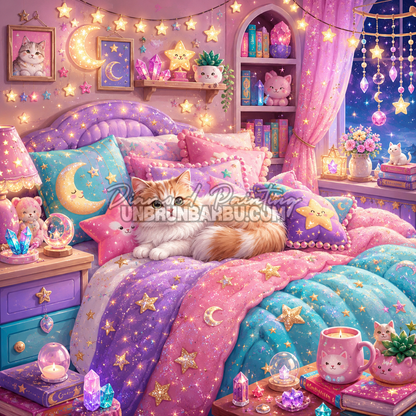 Diamond Painting La Chambre Magique du Chat 120x120 cm avec chat roux, lit etoile, cristaux et chambre kawaii