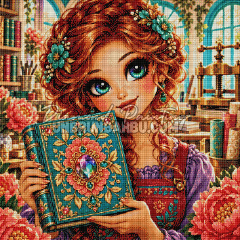 Rendu diamante du Diamond Painting La Creatrice de Livres d Exception 90x90 cm avec livre precieux et atelier de reliure