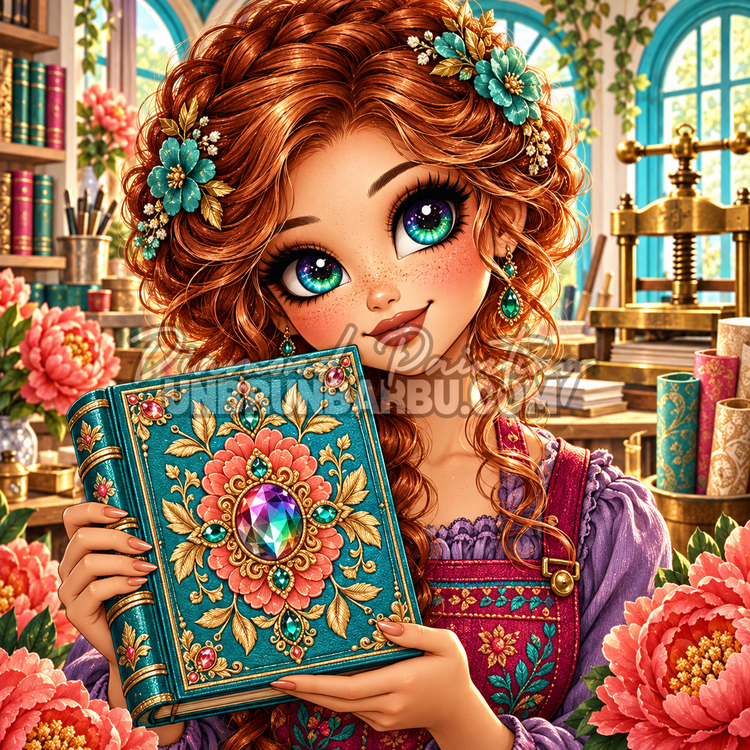 Diamond Painting La Creatrice de Livres d Exception 90x90 cm avec femme rousse, livre turquoise et fleurs corail