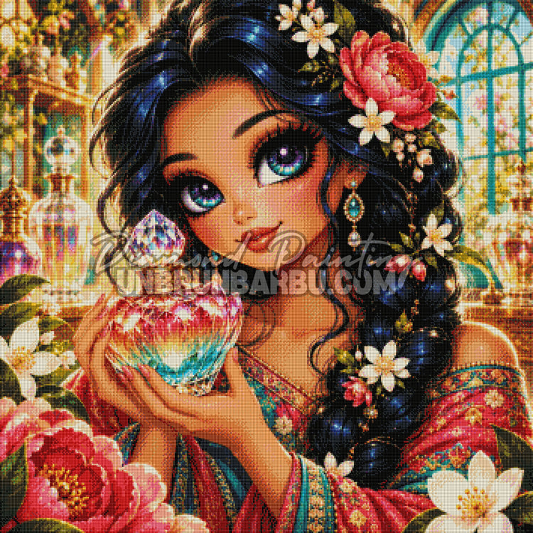 Rendu diamante du Diamond Painting La Creatrice du Parfum Precieux 90x90 cm avec flacon en cristal et atelier dore