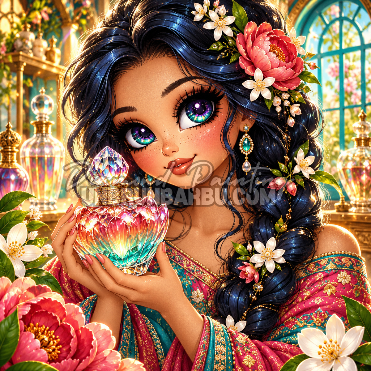Diamond Painting La Creatrice du Parfum Precieux 90x90 cm avec jeune femme, flacon multicolore et fleurs roses