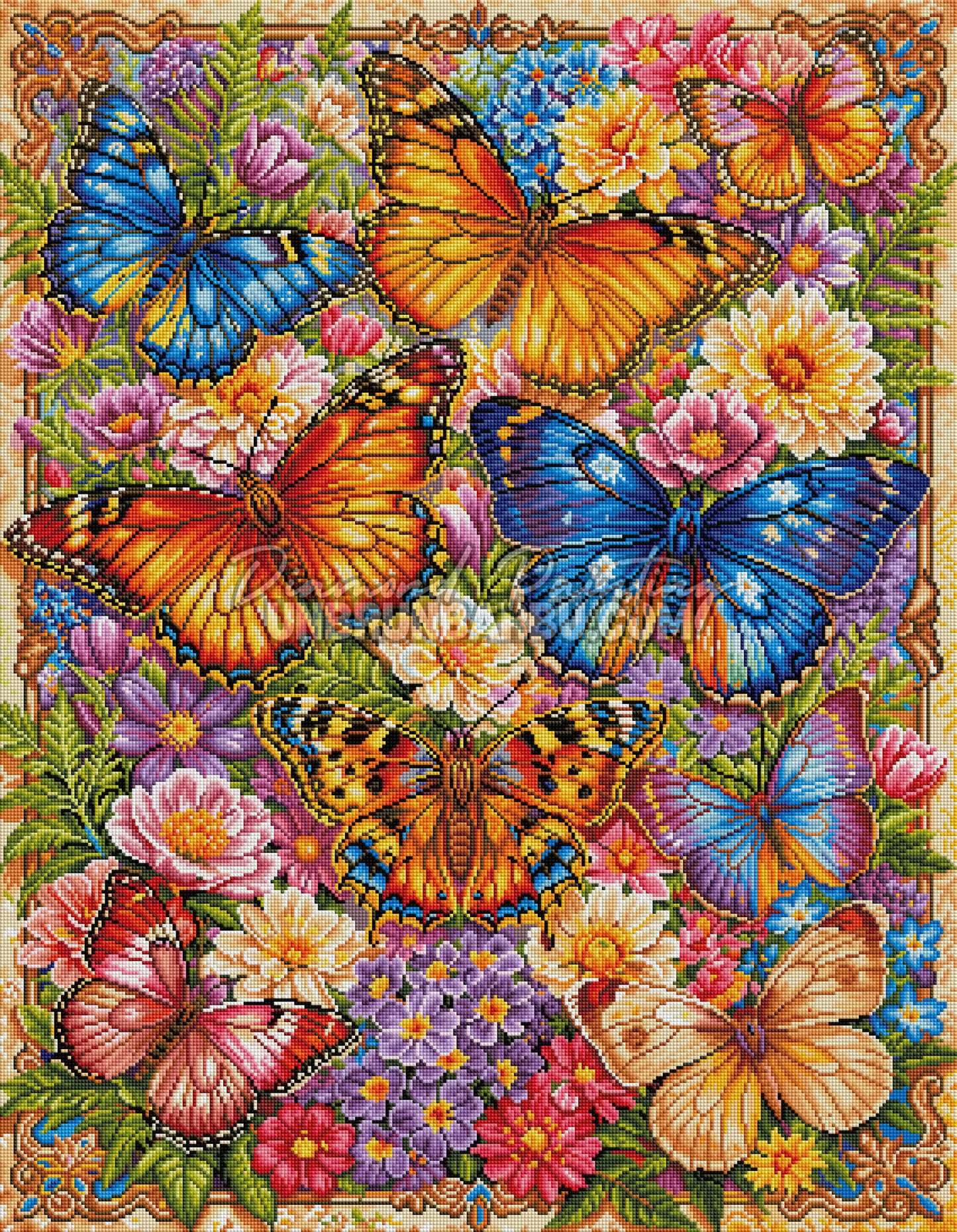 Rendu diamanté du Diamond Painting La Danse des Papillons 70x90 cm avec papillons multicolores et fleurs