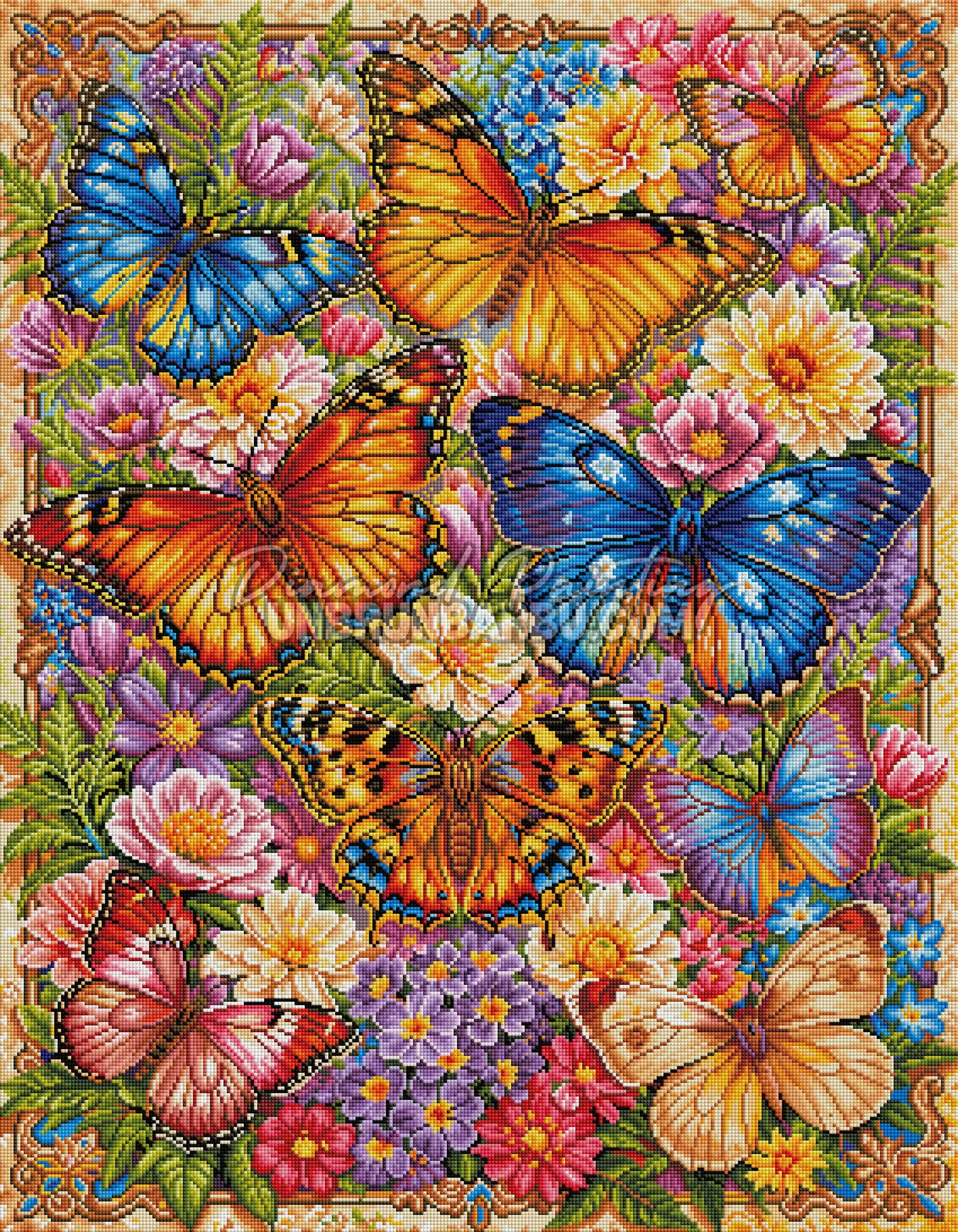 Rendu diamanté du Diamond Painting La Danse des Papillons 70x90 cm avec papillons multicolores et fleurs