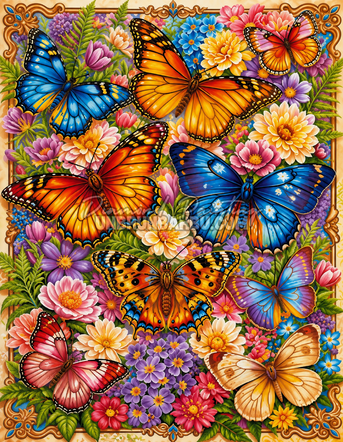 Diamond Painting La Danse des Papillons 70x90 cm avec papillons bleus, orange et roses dans un jardin fleuri coloré