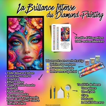 Kit Premium Diamond Painting La Déesse aux Perles Colorées avec toile coton, diamants, accessoires et feuille DMC