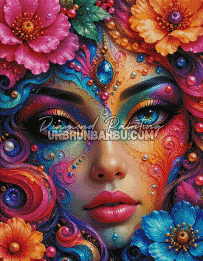 Layout Diamond Painting La Déesse aux Perles Colorées présentant l'illustration complète et le rendu des diamants