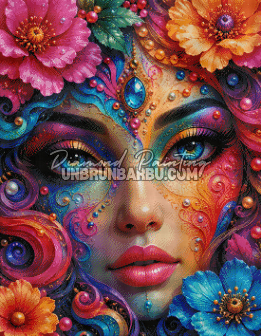 Layout Diamond Painting La Déesse aux Perles Colorées présentant l'illustration complète et le rendu des diamants