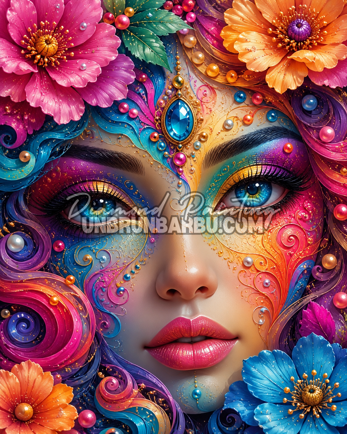 Diamond Painting La Déesse aux Perles Colorées 70x90 cm représentant un magnifique portrait féminin coloré orné de fleurs et de perles