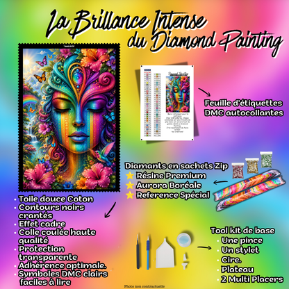 Kit Diamond Painting Premium La Déesse des Cascades avec toile coton, diamants en sachets zip, accessoires et feuille DMC
