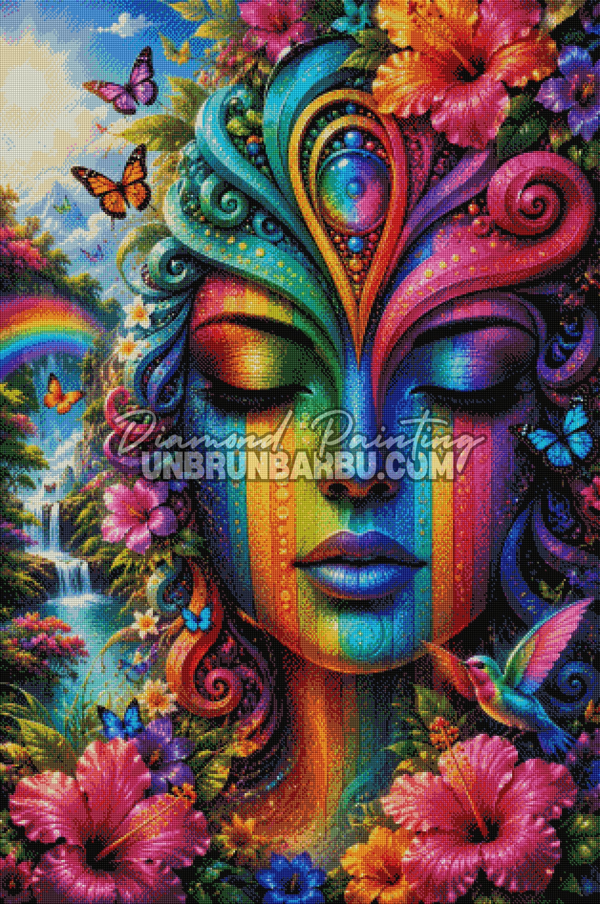 Layout Diamond Painting La Déesse des Cascades mettant en valeur le visage coloré, les cascades et les nombreux détails du décor