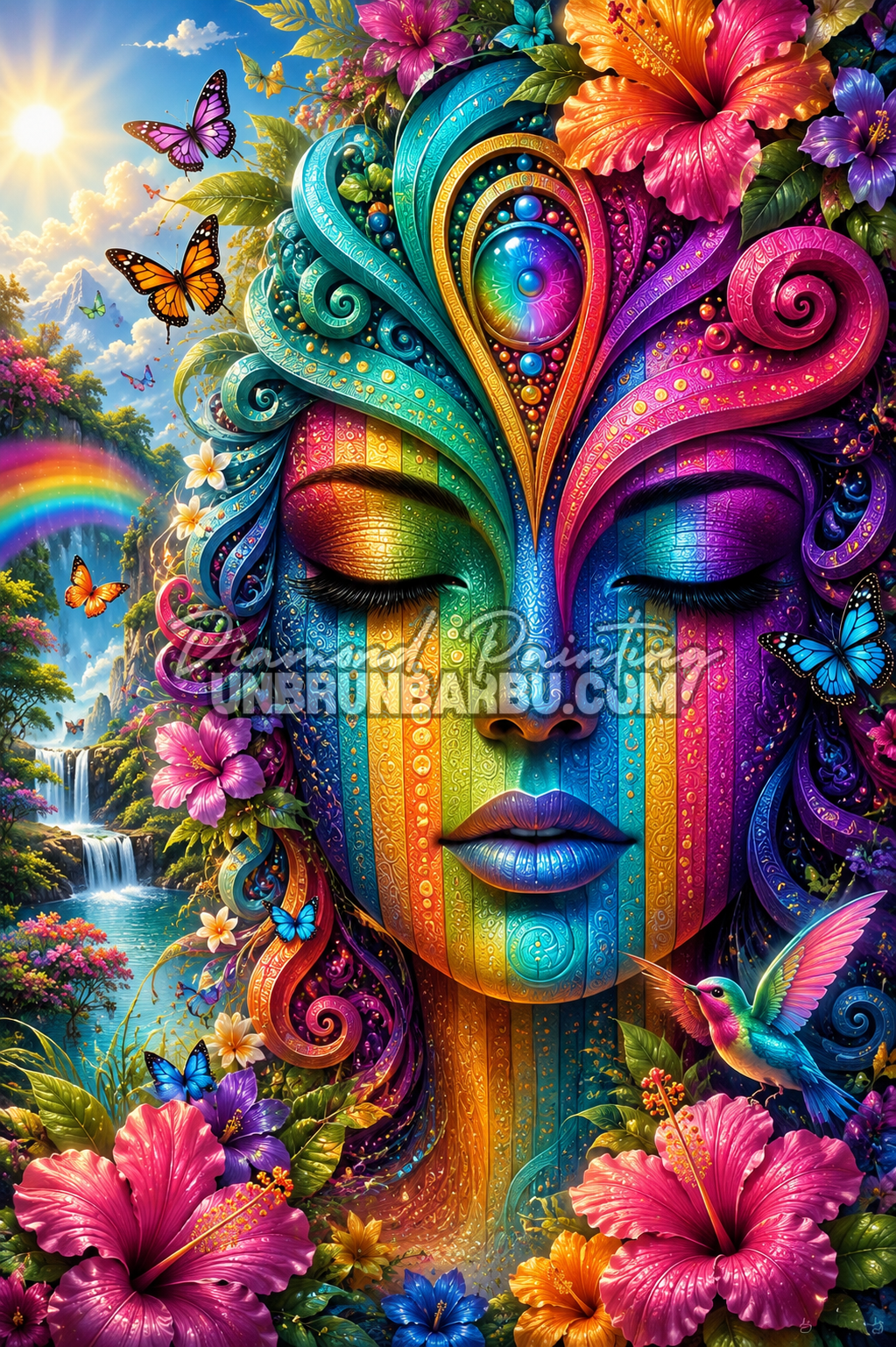 Diamond Painting La Déesse des Cascades 80x120 cm représentant une déesse multicolore entourée de cascades, fleurs tropicales et papillons