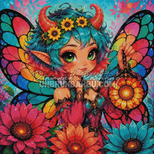 Rendu diamanté du Diamond Painting La Fée à la Lanterne Tournesol 100x100 cm avec ailes colorées et fleurs