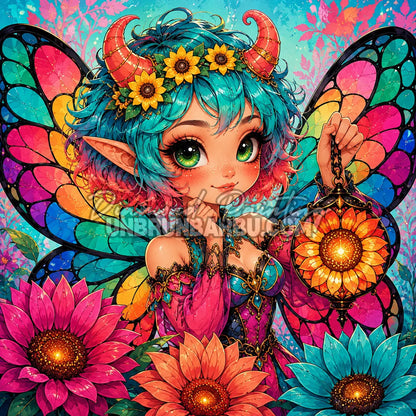 Diamond Painting La Fée à la Lanterne Tournesol 100x100 cm avec ailes multicolores et grandes fleurs lumineuses