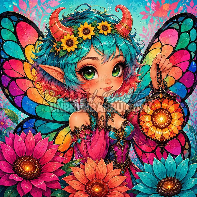 Diamond Painting La Fée à la Lanterne Tournesol 100x100 cm avec ailes multicolores et grandes fleurs lumineuses