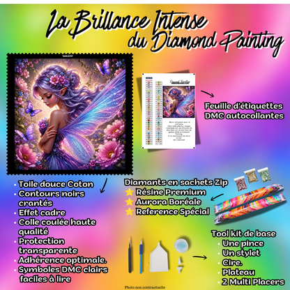 Kit Diamond Painting Premium La Fée aux Ailes de Cristal avec toile coton, diamants en sachets zip, accessoires et feuille DMC