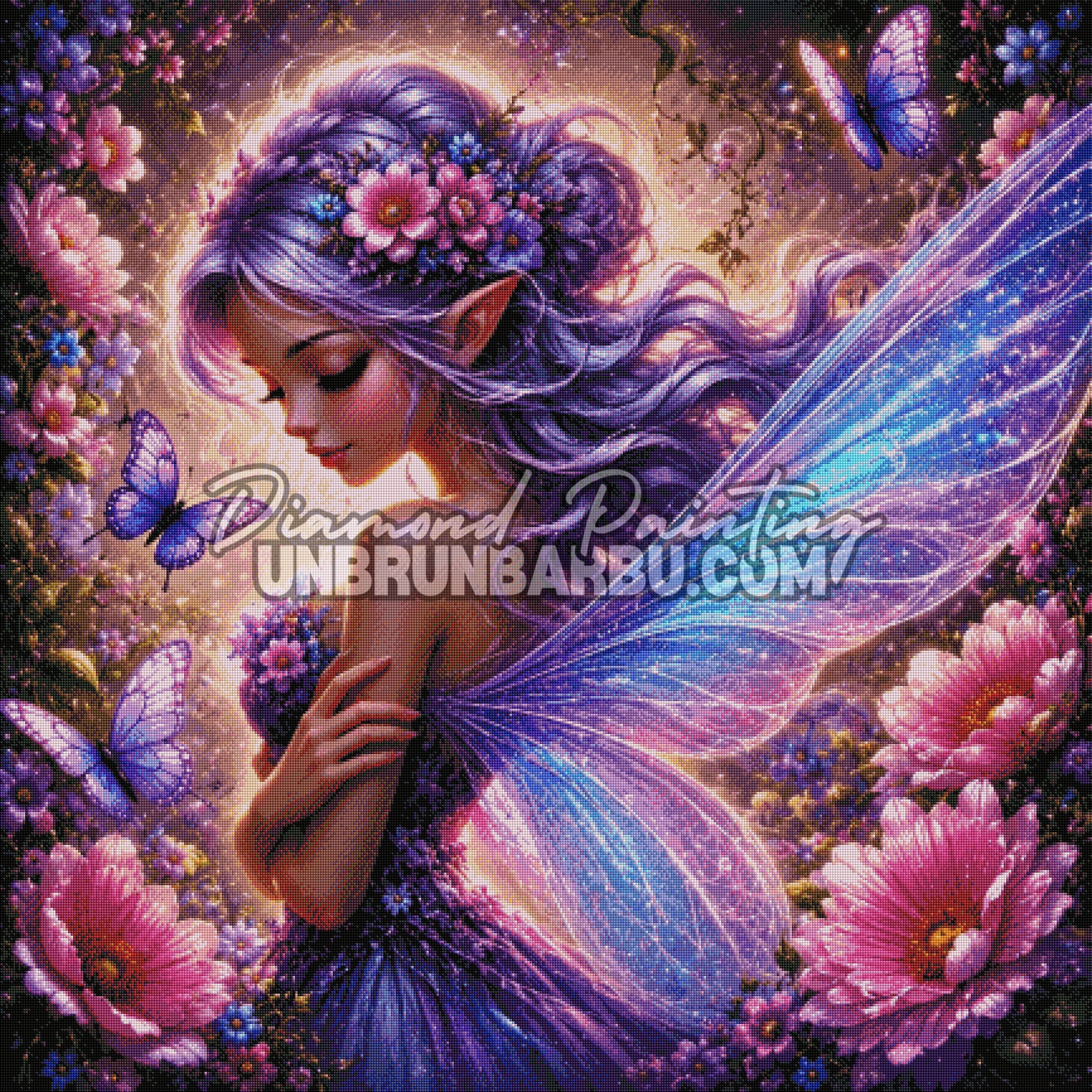 Layout Diamond Painting La Fée aux Ailes de Cristal mettant en valeur les ailes scintillantes, les fleurs et les papillons