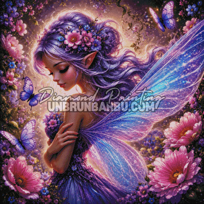 Layout Diamond Painting La Fée aux Ailes de Cristal mettant en valeur les ailes scintillantes, les fleurs et les papillons