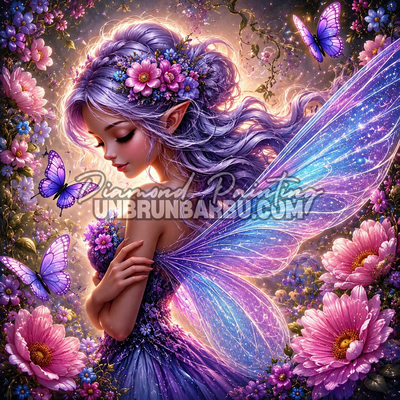 Diamond Painting La Fée aux Ailes de Cristal 110x110 cm représentant une fée aux ailes lumineuses dans un jardin féerique