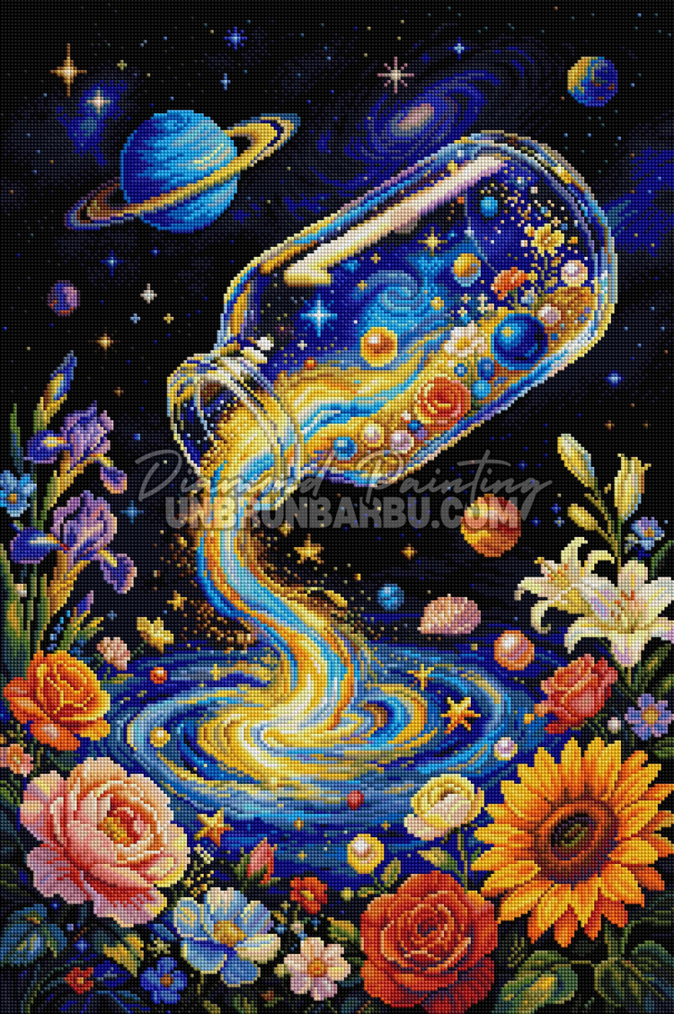 Rendu diamanté du Diamond Painting La Galaxie en Bouteille 50x75 cm avec fleurs et ciel étoilé