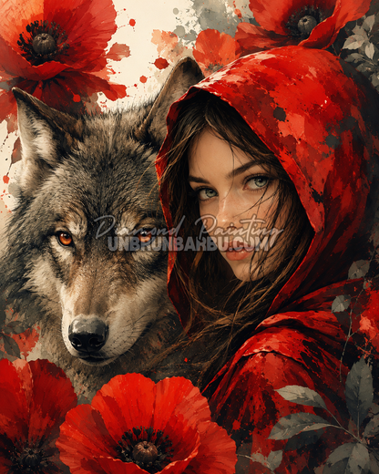 Diamond Painting La Gardienne au Loup 80x100 cm illustration femme cape rouge loup coquelicots